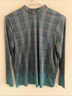Carlisle Per Se Silk Tartan Plaid L/S High Neck Top Size Medium